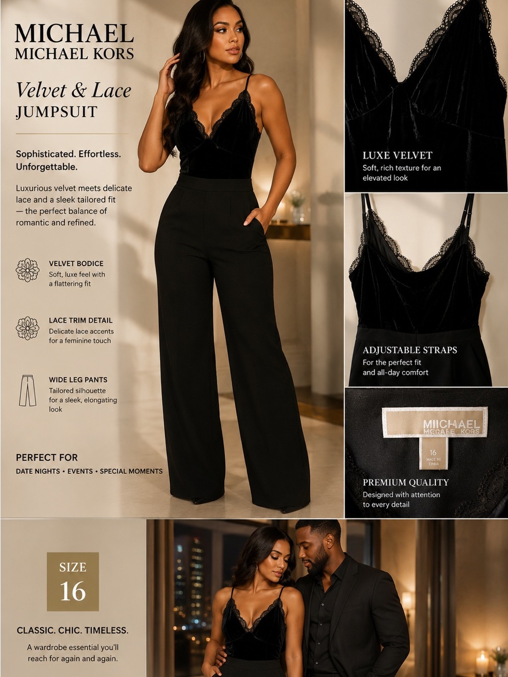 MICHAEL Michael Kors Black Velvet & Lace Wide-Leg Jumpsuit